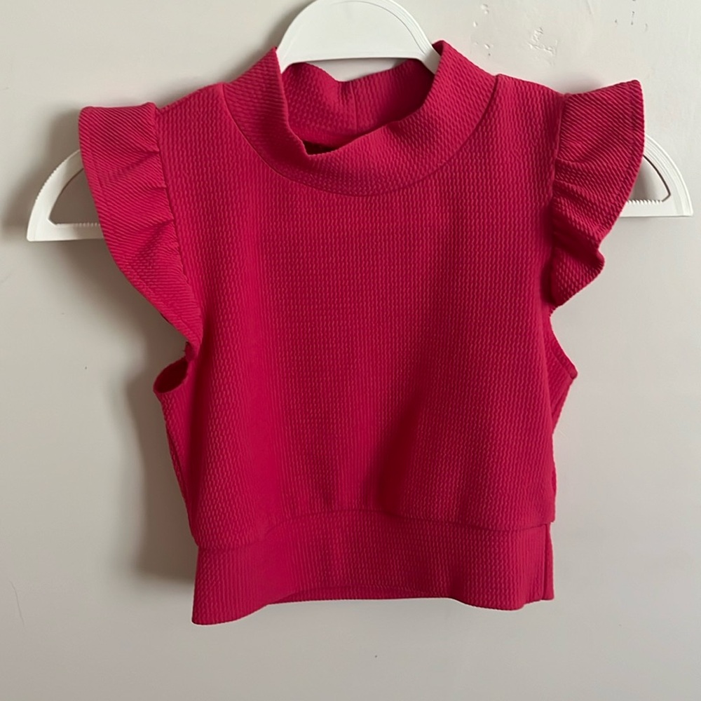 Xs SHEIN cropped mock neck shirt, pink, ruffle sleeves